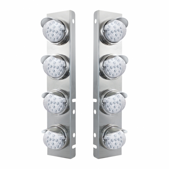 SS Front Air Cleaner Bracket With 8X 17 Amber LED Dual Function Reflector Lights & SS Visors For Peterbilt-Clear Lens