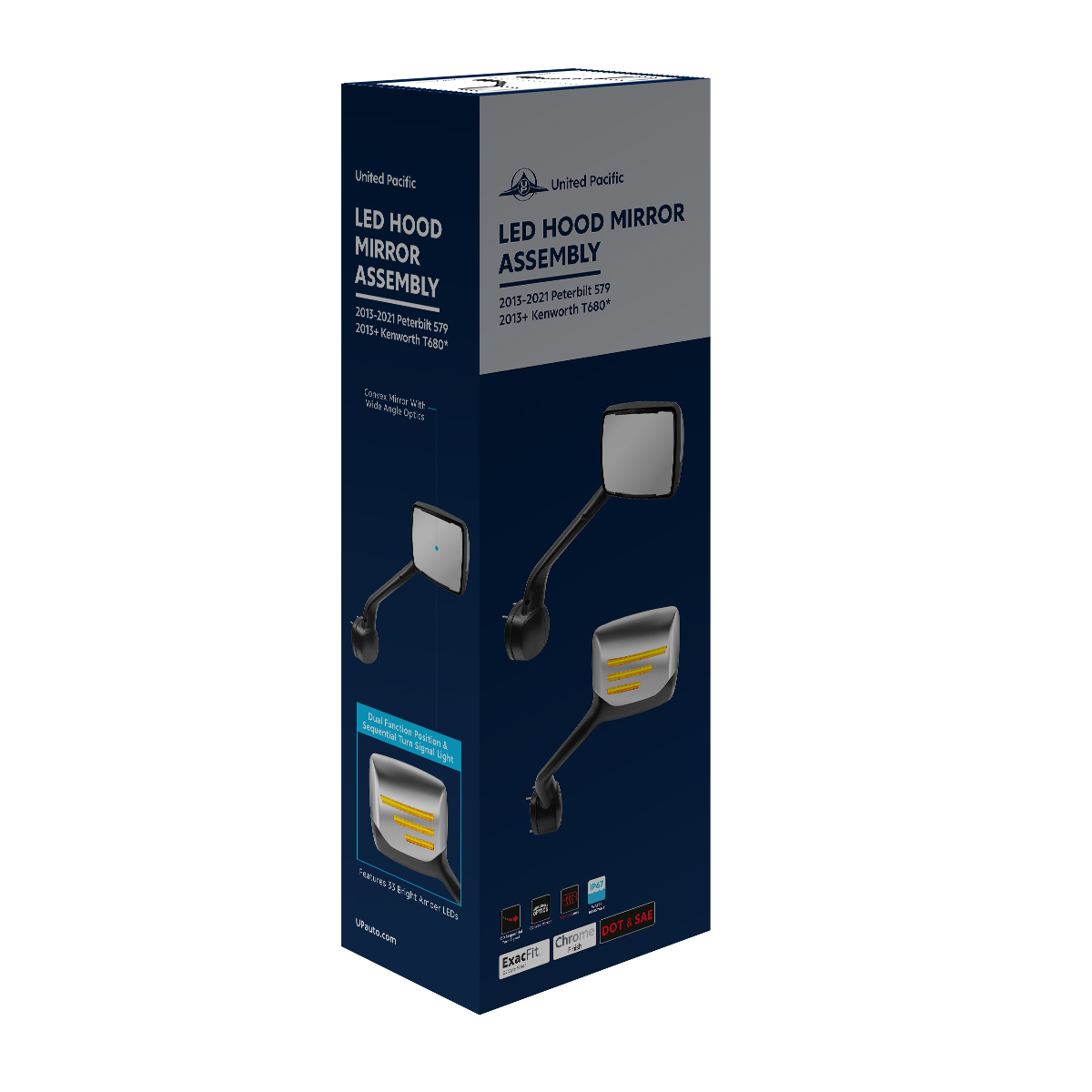 Chrome Hood Mirror Assembly W/ Sequential LED Turn Signal For 2013-2021 Kenworth T680 & Peterbilt 579 - Driver - Thumbnail 11