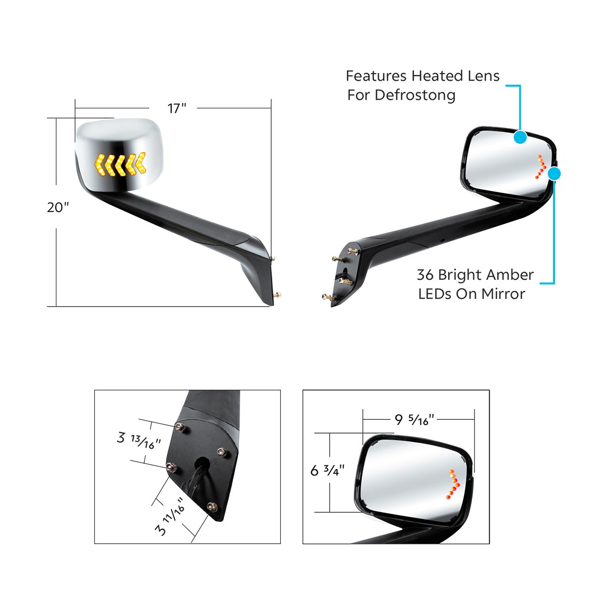Hood Mirror Assembly W/LED Lights On Mirror Cover & Glass For 2018-2025 Cascadia - Heated/Passenger - Thumbnail 8