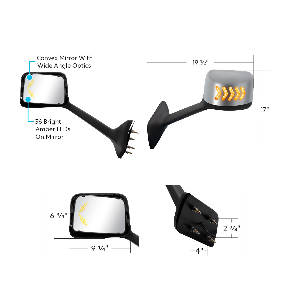 Chrome Plastic Hood Mirror Assembly With Sequential LED Turn Signals For 2018-2024 International LT-Driver - Thumbnail 10