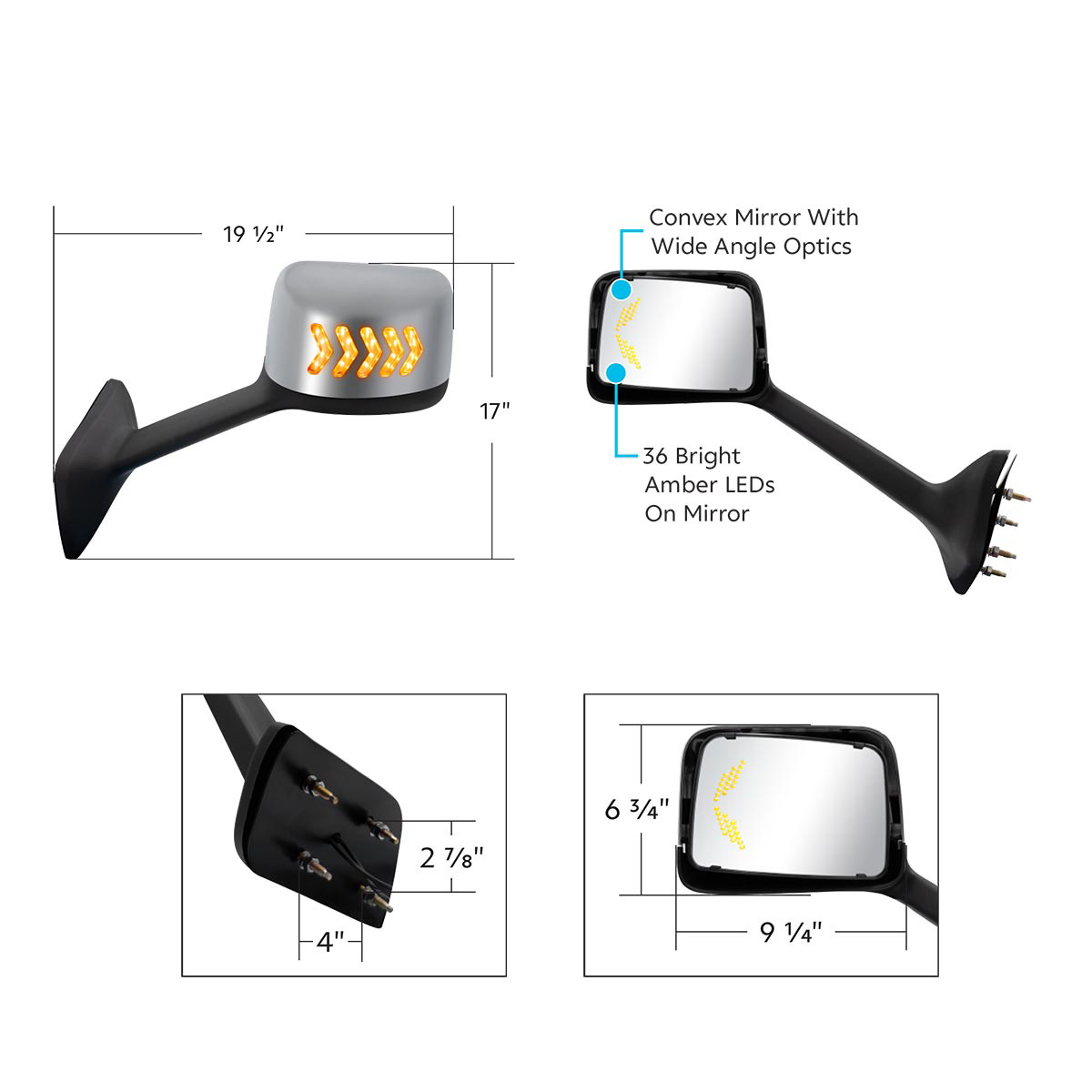 Chrome Plastic Hood Mirror Assembly With Sequential LED Turn Signals For 2018-2024 International LT-Passenger - Thumbnail 10