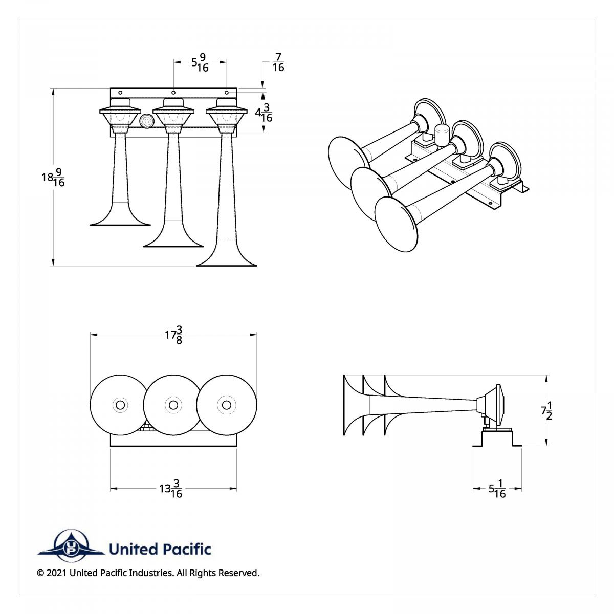 3 Trumpets Horizontal Chrome Train Horn - Right - Thumbnail 4