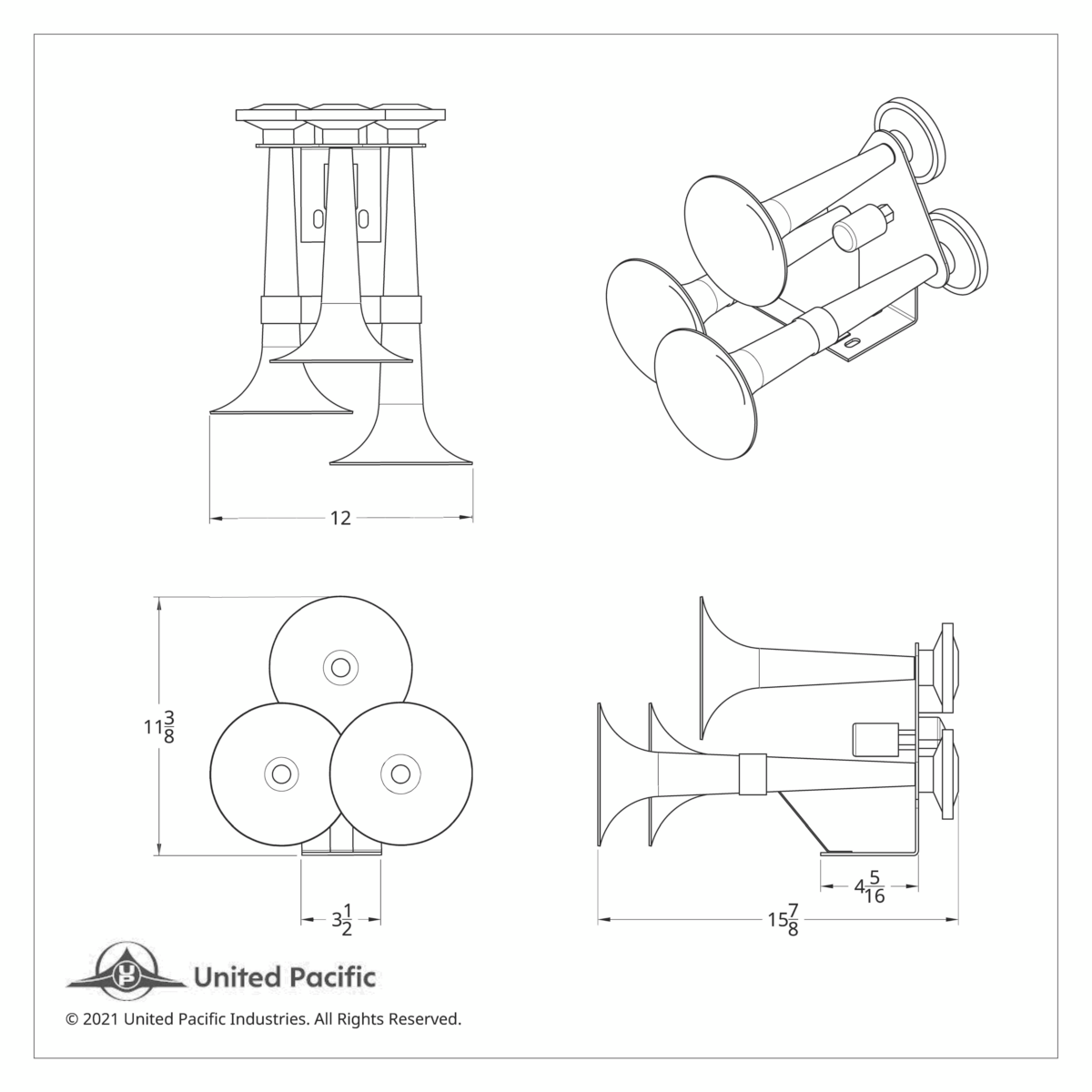 3 Trumpets Air Powered Train Horn With Support Bracket - Thumbnail 6