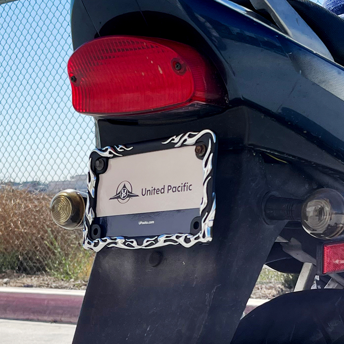 Motorcycle License Plate Frame - Chrome Flame/Black Frame - Thumbnail 7