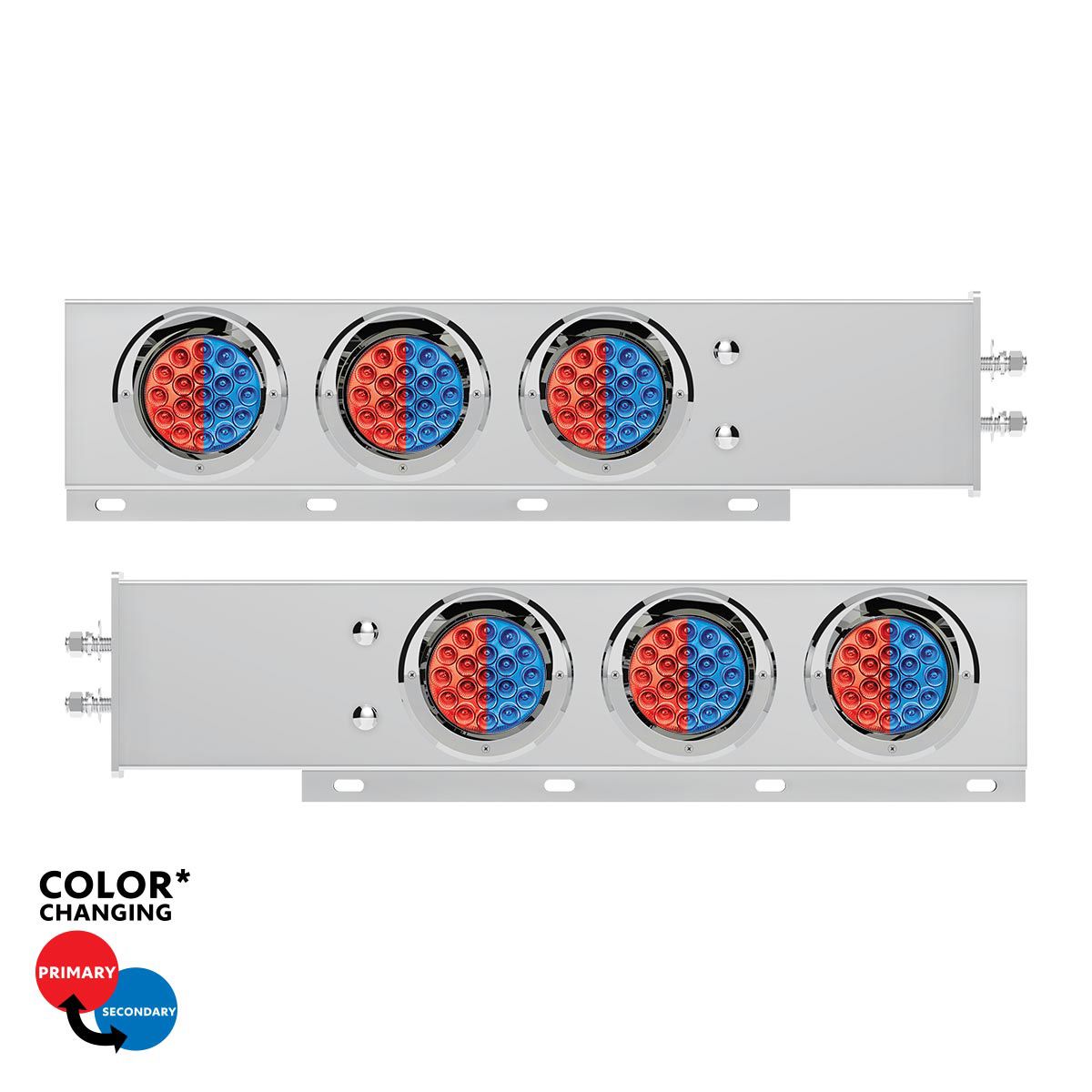 2" Bolt Pattern SS Spring Loaded Light Bar With 6X Double Fury 19 LED Lights & Visors-Red & Blue LED (Pair)