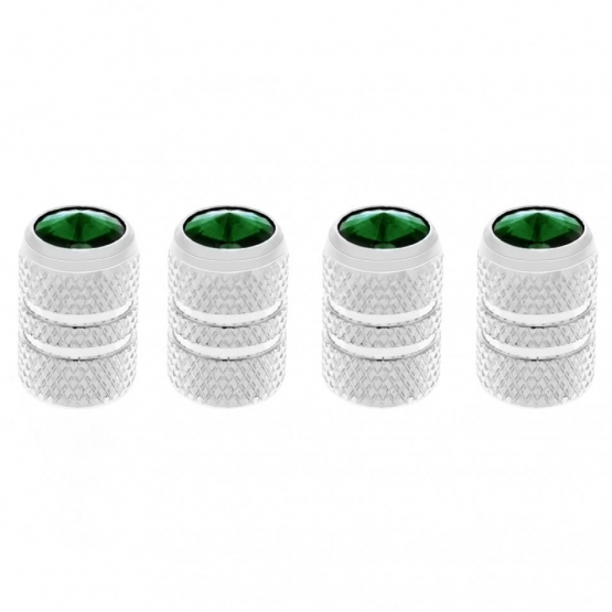 Chrome Tubular Valve Caps With Green Crystal (Set of 4)
