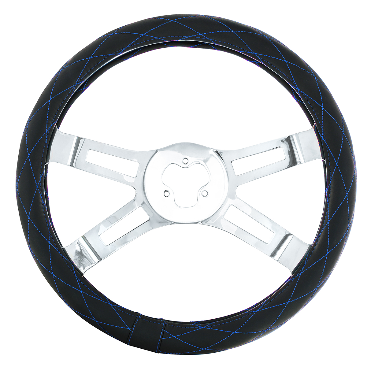 18" Crystal Stitched Leather Steering Wheel Cover - Blue Stitching - Thumbnail 2