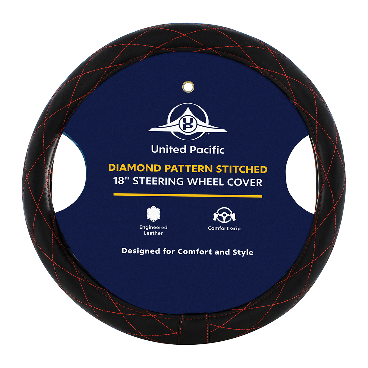 18" Crystal Stitched Leather Steering Wheel Cover - Red Stitching - Thumbnail 4