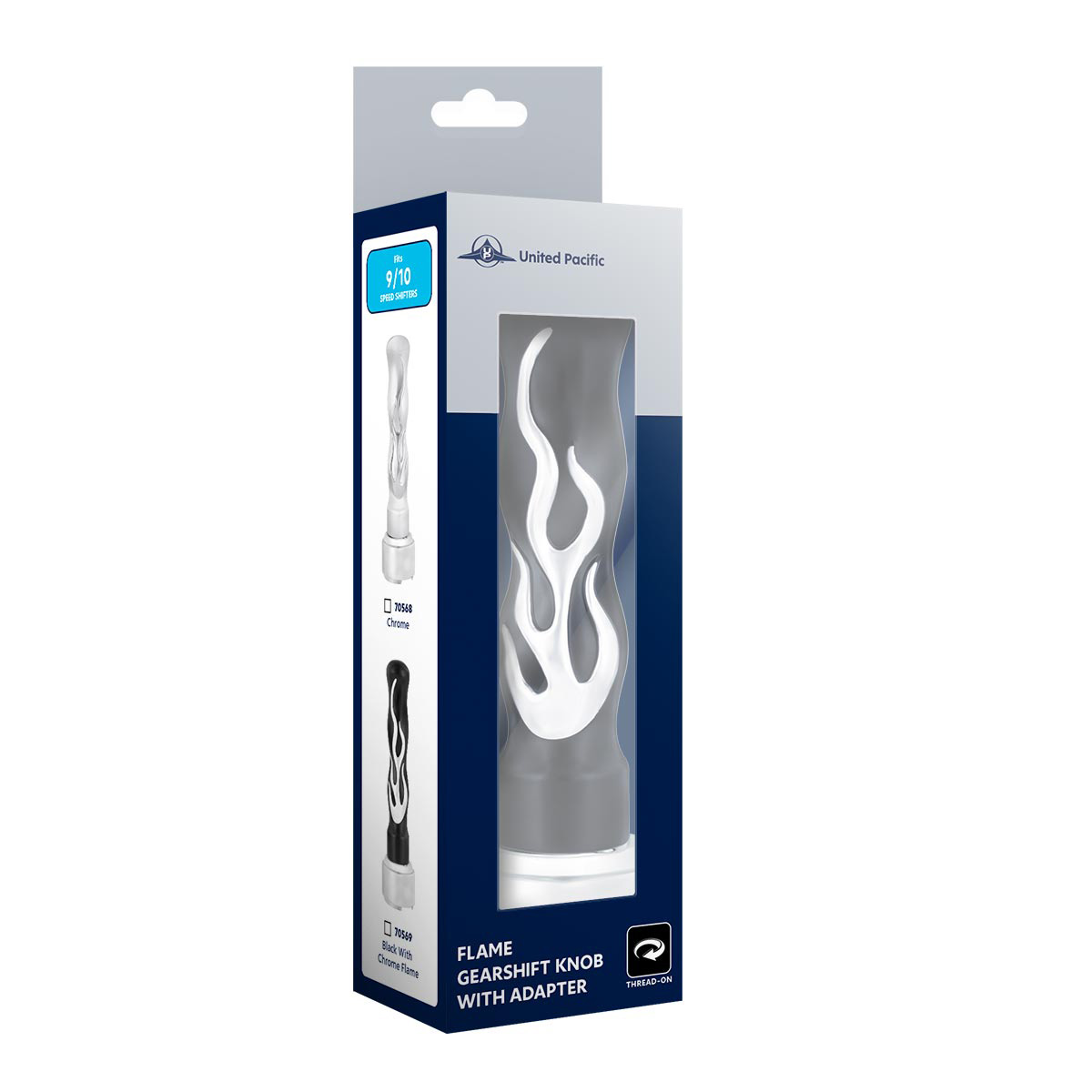 Thread-On Flame Gearshift Knob With Adapter For Eaton Fuller 9/10 Speed - Black With Chrome Flame - Thumbnail 4