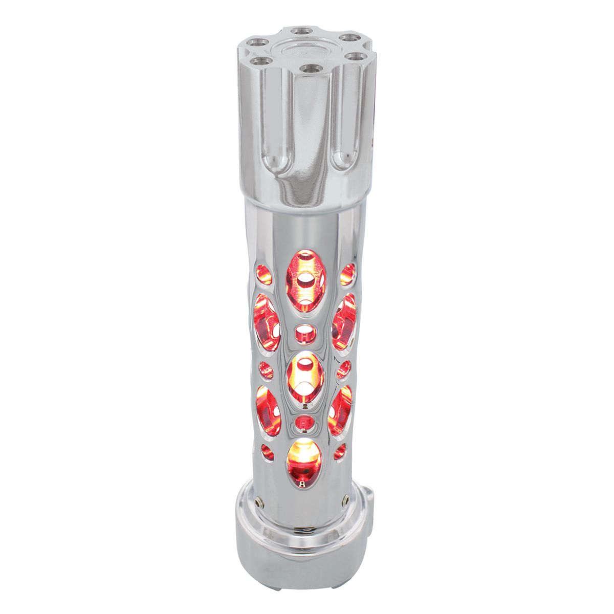 Austin Style Gun Cylinder Gearshift Knob With LED 9/10 Speed Adapter - Chrome/Red LED