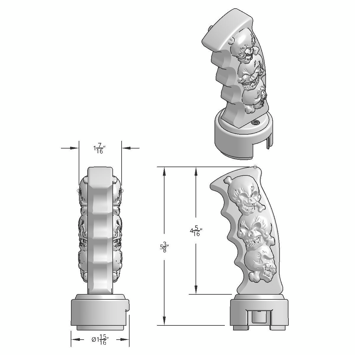 Skulls Pistol Grip Gearshift Knob With 13/15/18 Speed Adapter - Black/Chrome - Thumbnail 5