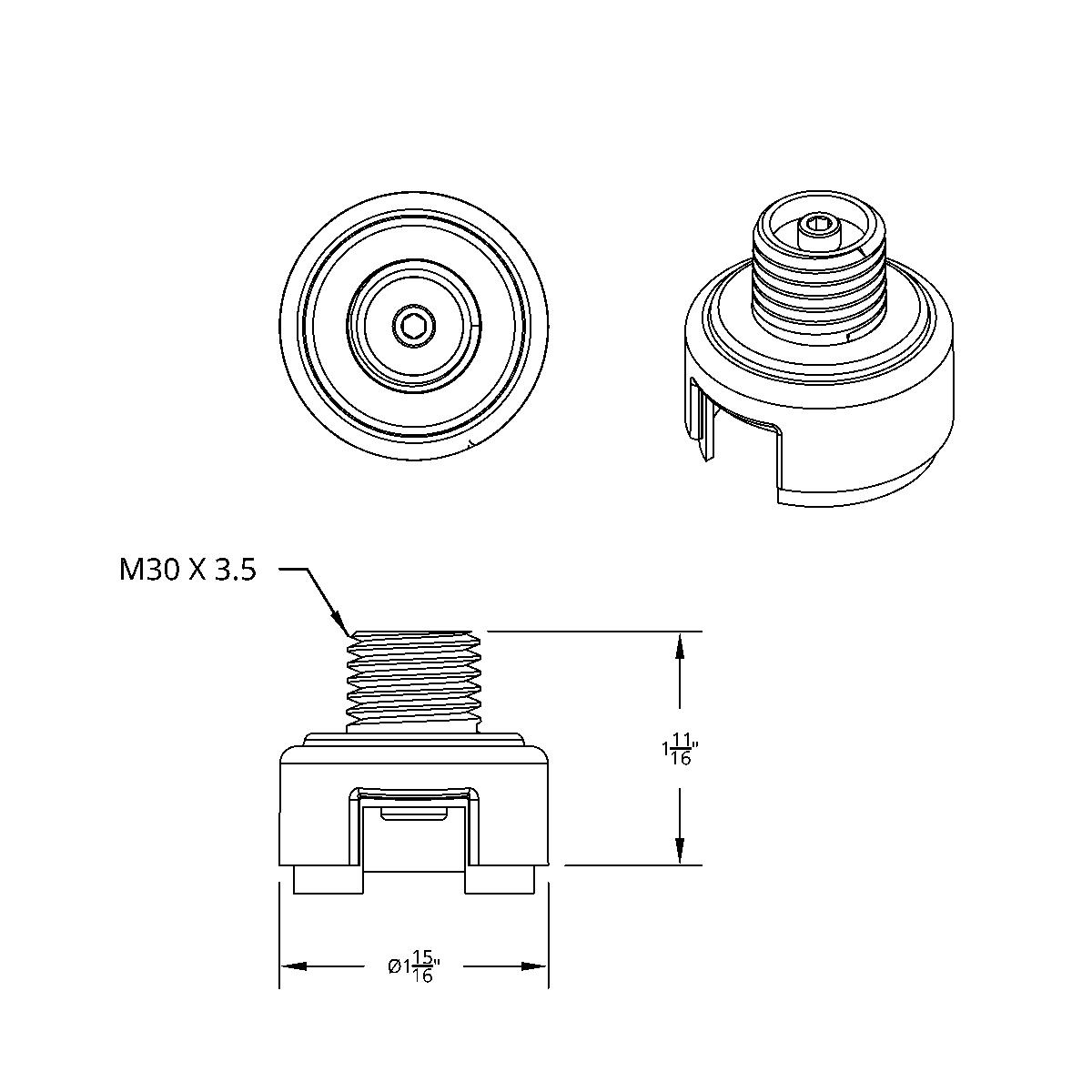 M30X3.5 Thread-On Gearshift Knob Chrome Mounting Adapter For Eaton Fuller Style 13/15/18 Speed - Vertical (Bulk) - Thumbnail 5