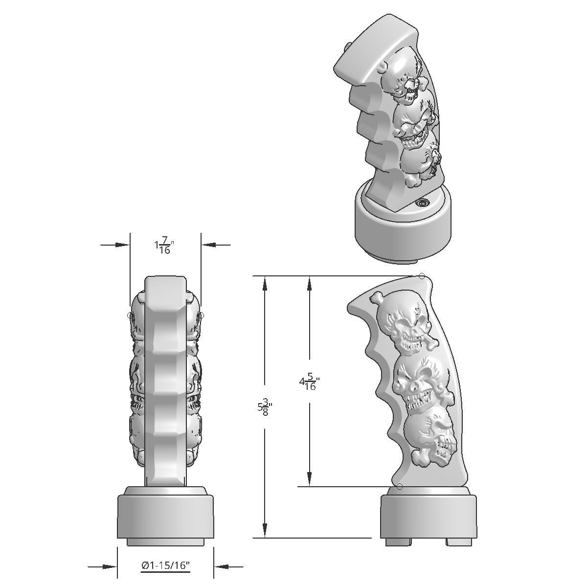 Thread-On Skulls Pistol Grip Gearshift Knob With Chrome 9/10 Speed Adapter - Candy Red With Chrome Skulls - Thumbnail 6