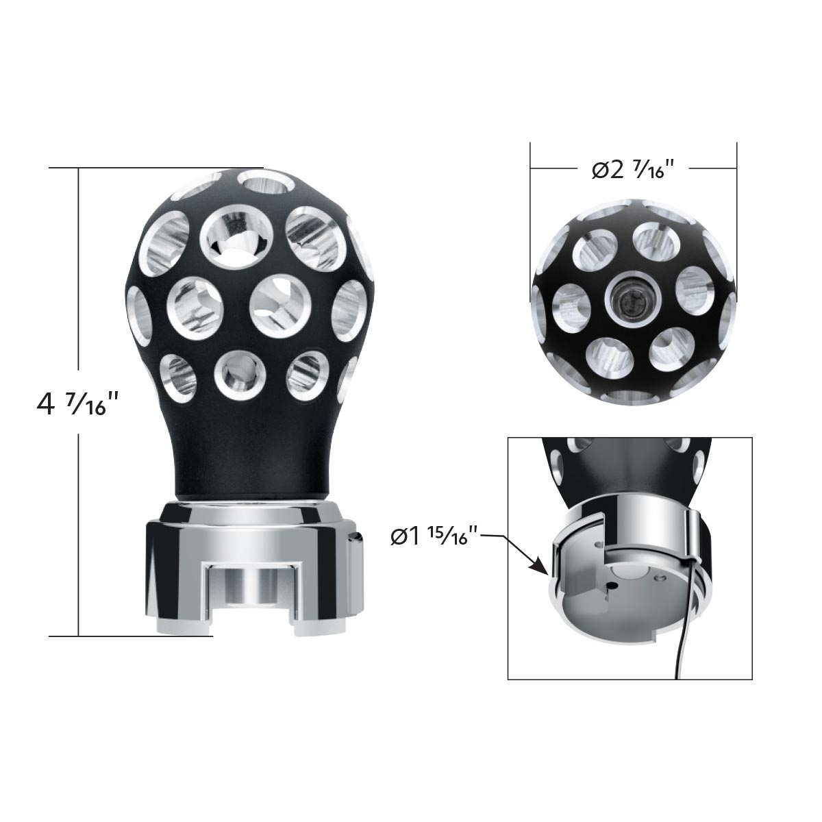 Thread-On Matte Black Phoenix Style Ball Gearshift Knob With LED 13/15/18 Speed Adapter-White LED - Thumbnail 7