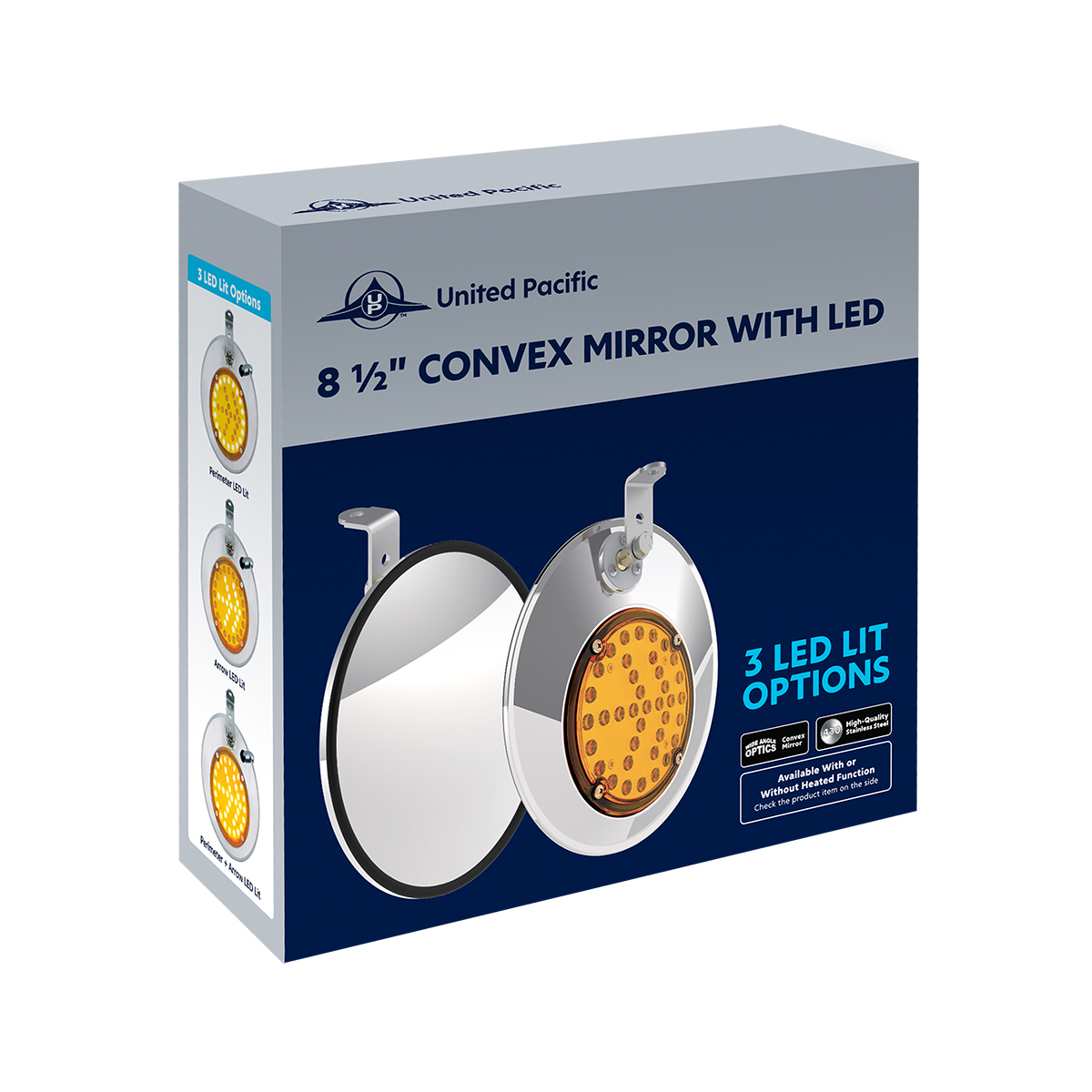 8-1/2" 430 Stainless Steel Convex Heated Mirror With LED - Passenger - Thumbnail 7