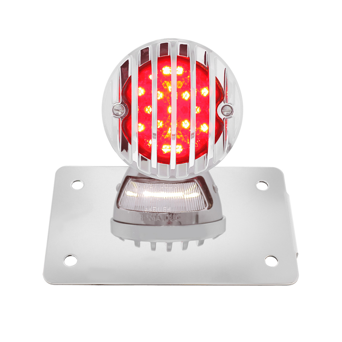 Motorcycle LED "Bobber" Style Horizontal Tail Light With Chrome Grille Bezel-Red Lens - Thumbnail 3