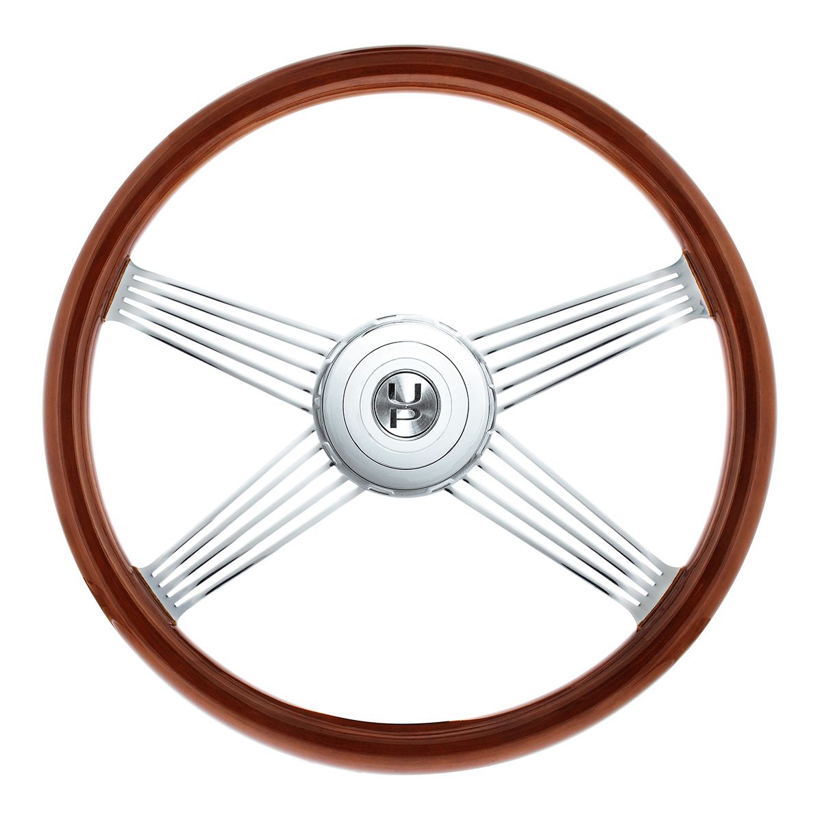 18" Chrome 4 Spoke With Wire Cutout Steering Wheel With Horn Bezel & Button-Wood Grain