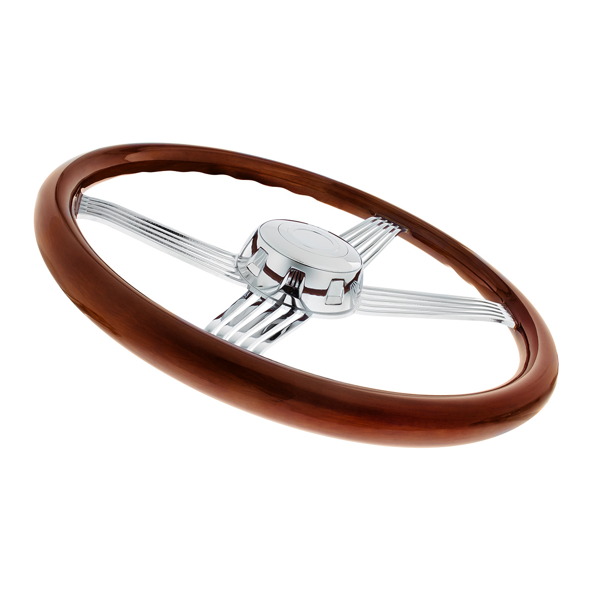 18" Chrome 4 Spoke With Wire Cutout Steering Wheel With Horn Bezel & Button-Wood Grain - Thumbnail 3