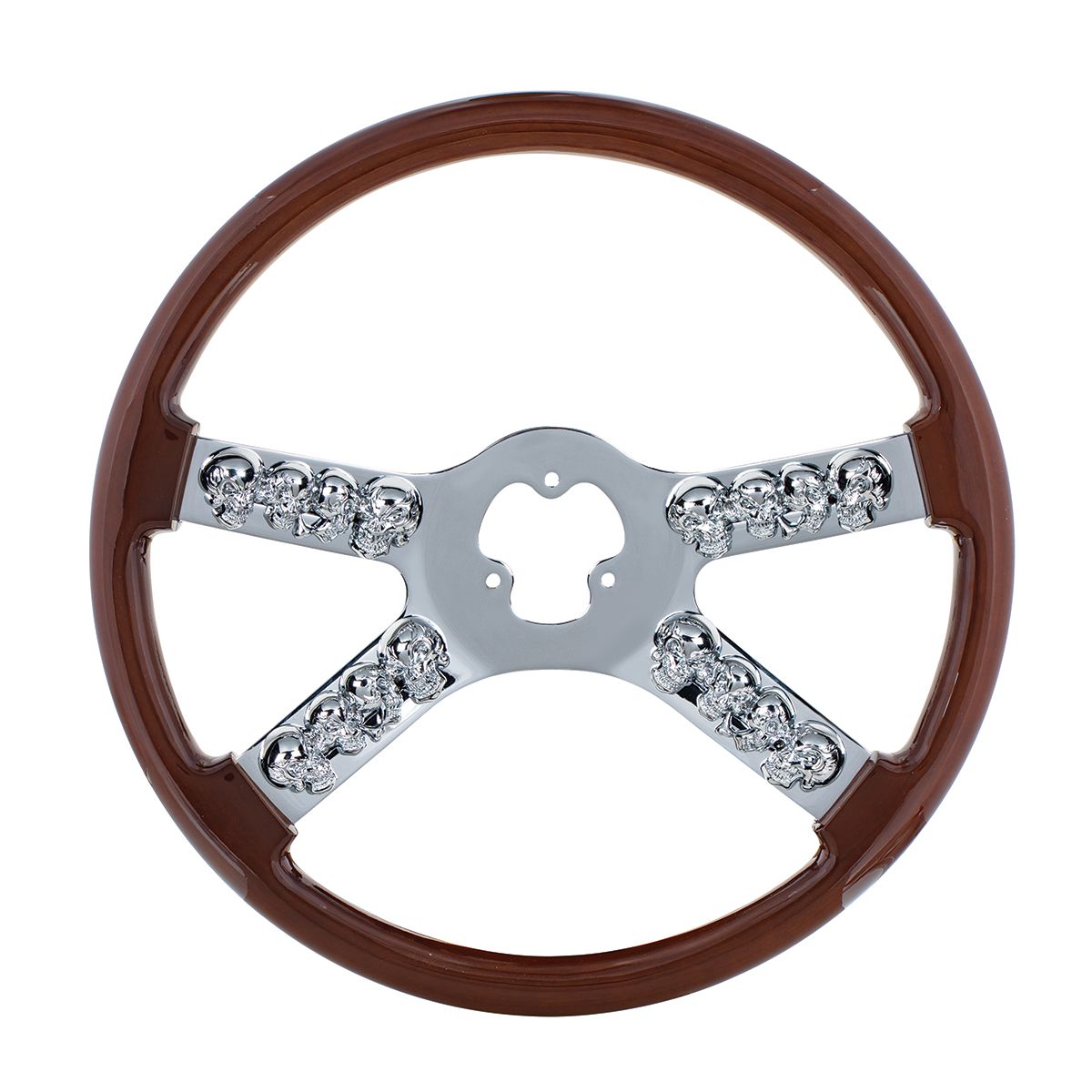 18" Chrome Steering Wheel With Skull Accent - Wood