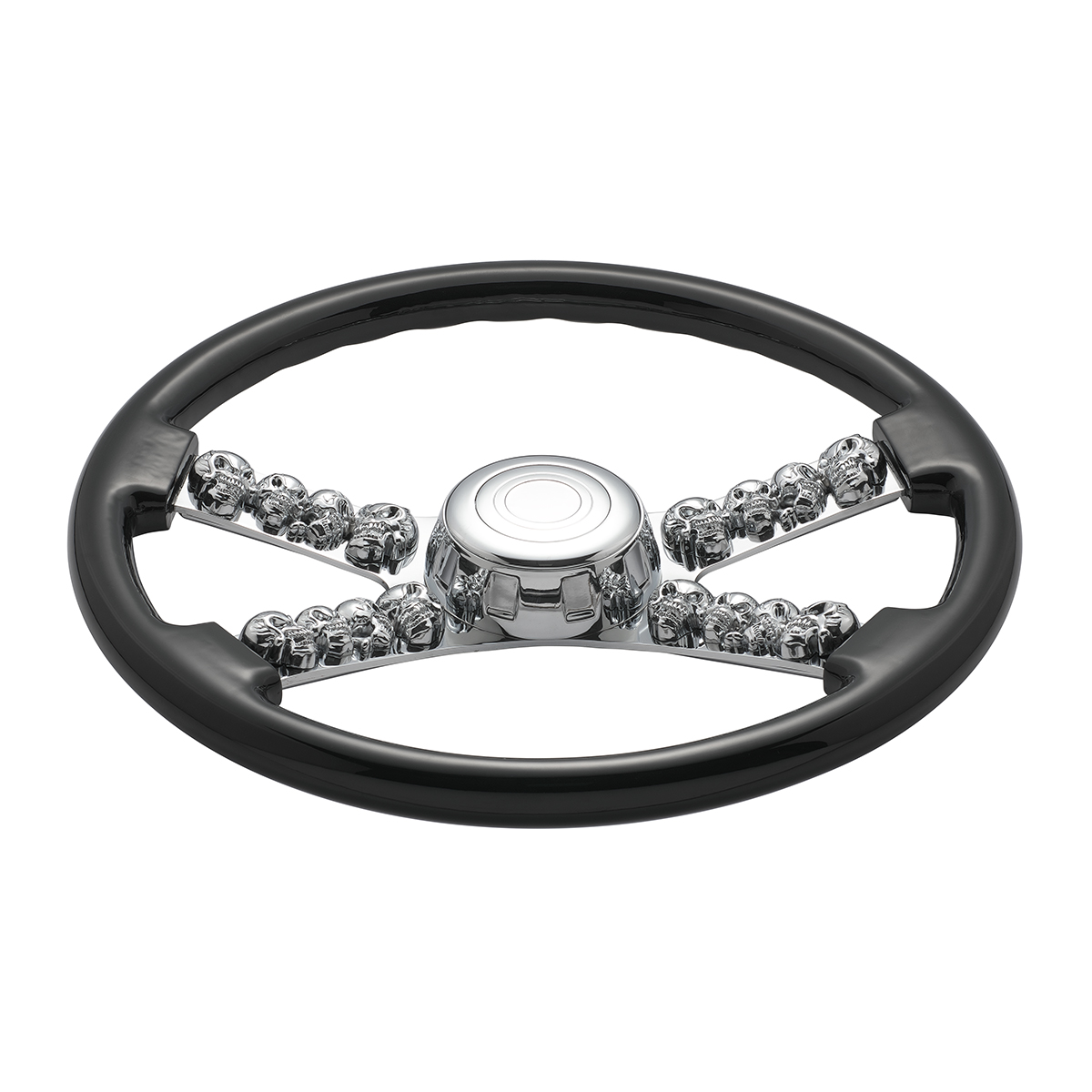 18" Chrome Steering Wheel With Skull Accent - Black - Thumbnail 2