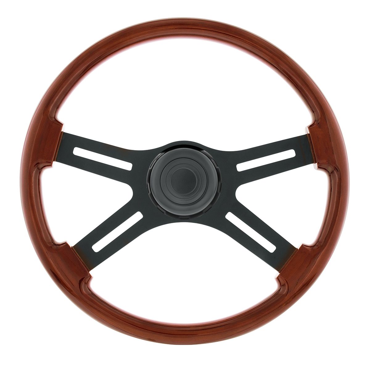 18" Matte Black 4 Spoke Steering Wheel With Horn Bezel & Button-Wood Grain