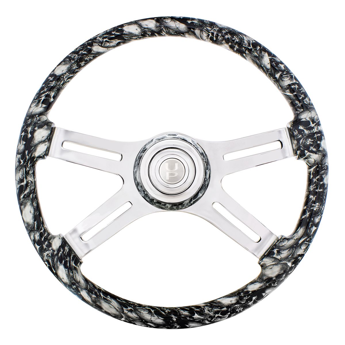 18" 4 Spoke Skull Steering Wheel With Matching Skull Horn Bezel - White