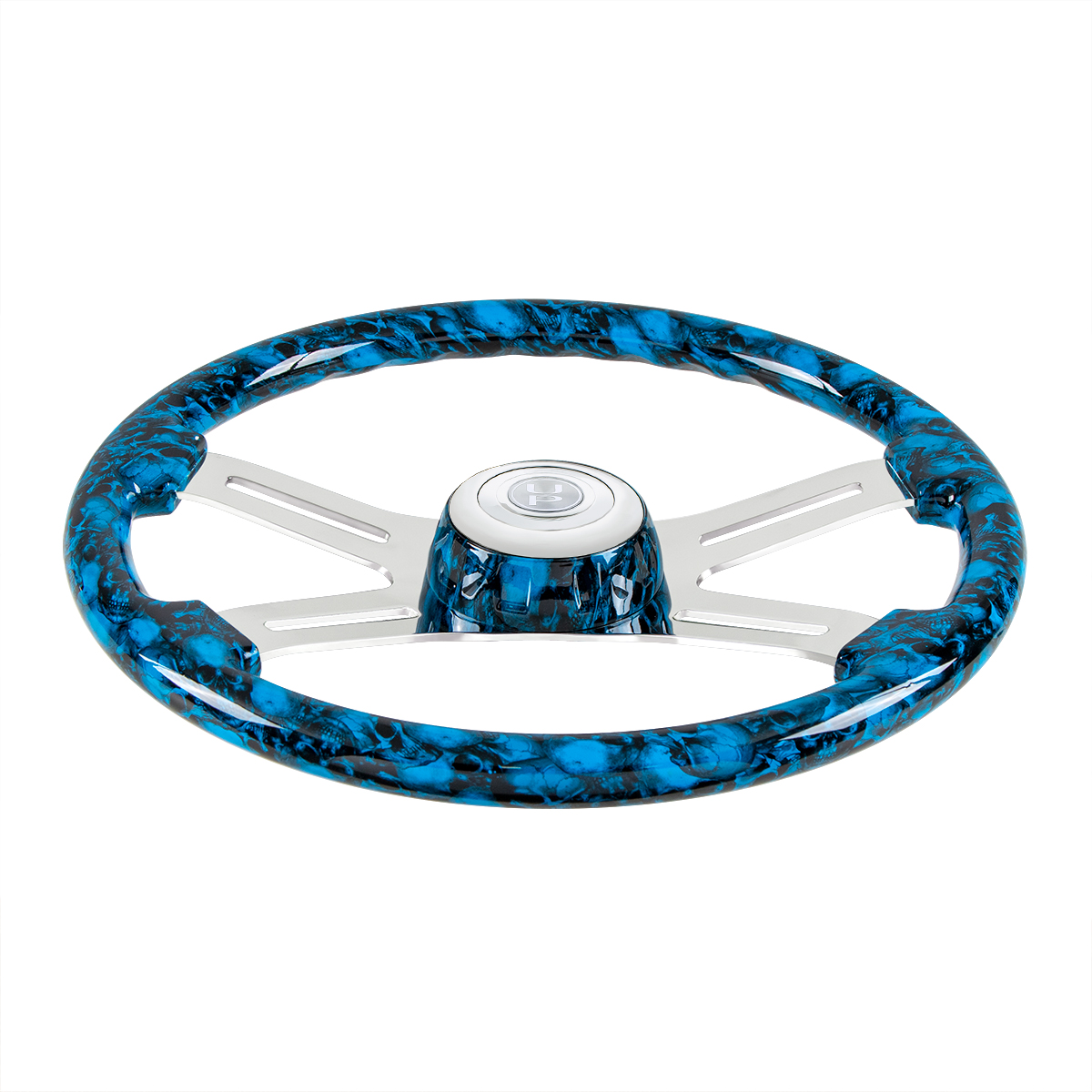 18" 4 Spoke Skull Steering Wheel With Matching Skull Horn Bezel - Blue - Thumbnail 2