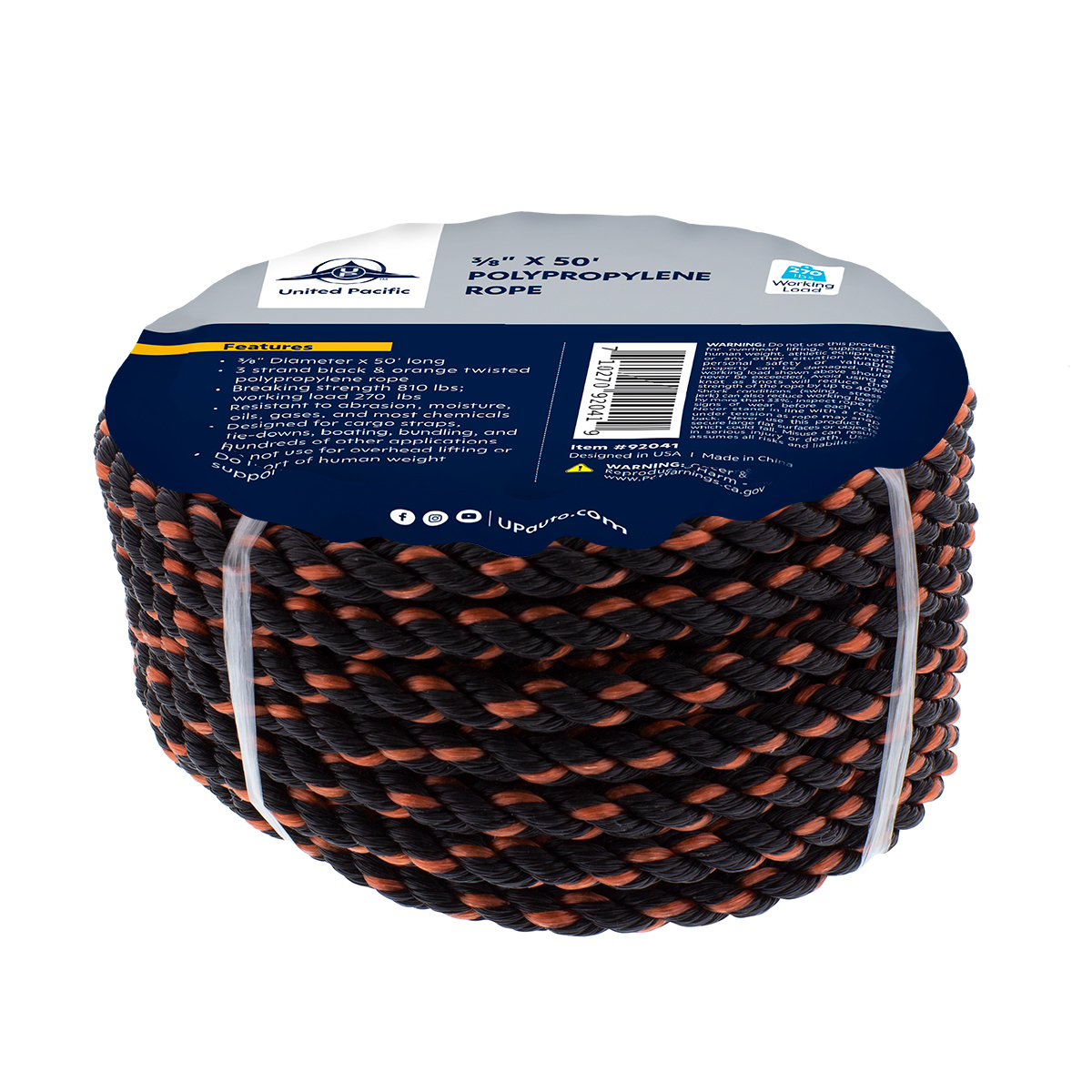 3/8" x 50' 3-Strand Twisted Black & Orange Polypropylene Rope - Thumbnail 3