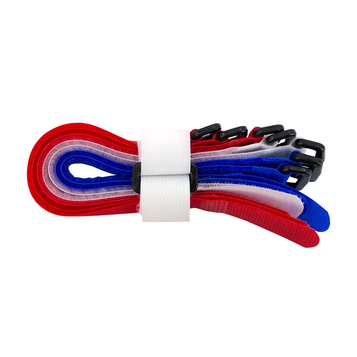 8" x 3/4"  Red,White,Blue Hook & Loop Velcro Strip-Tie Fasteners with Buckle (8-Pack)