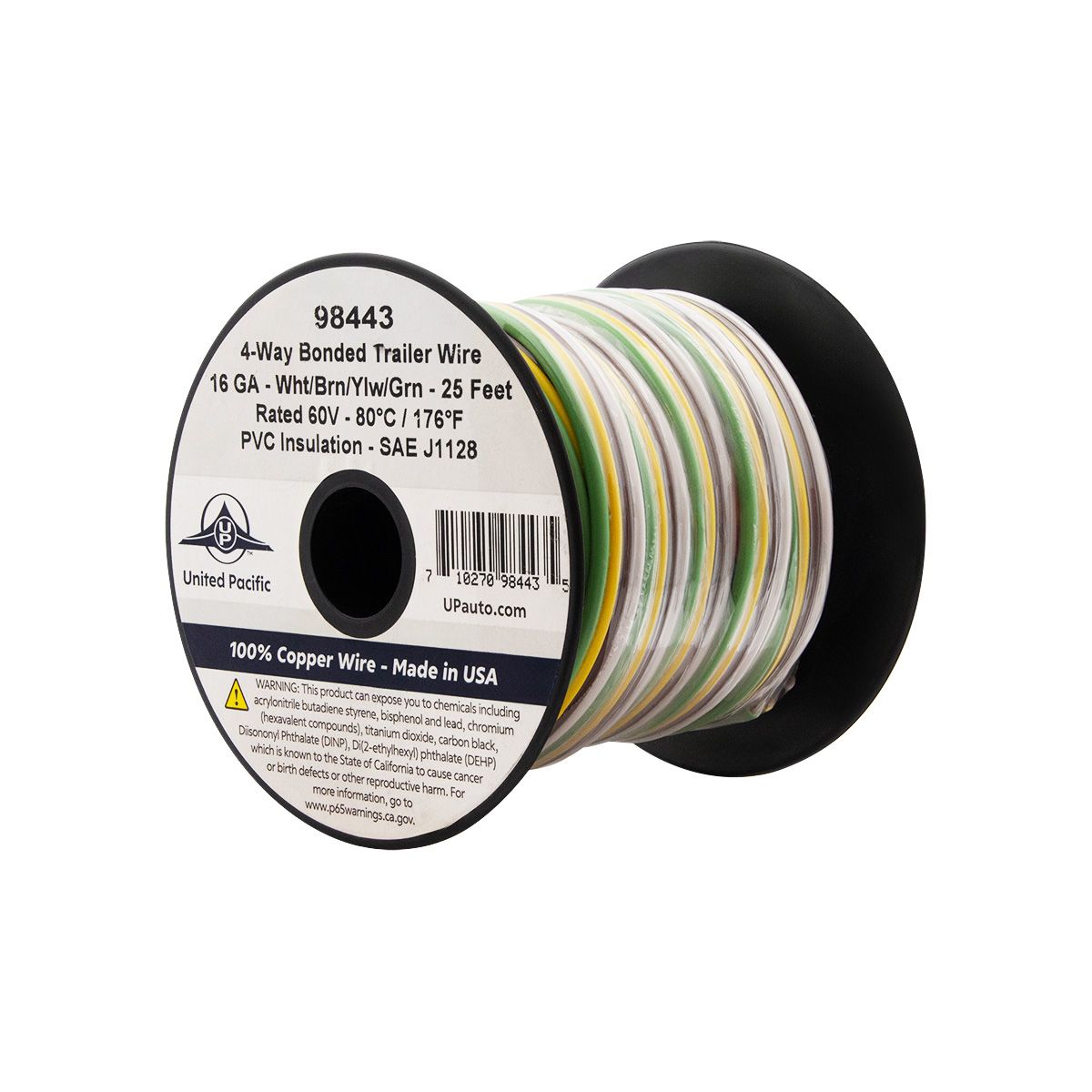 Trailer Wire Bonded - Rated 80°C 16 AWG 4-Way, Wht/Brn/Ylw/Grn 25 Ft.