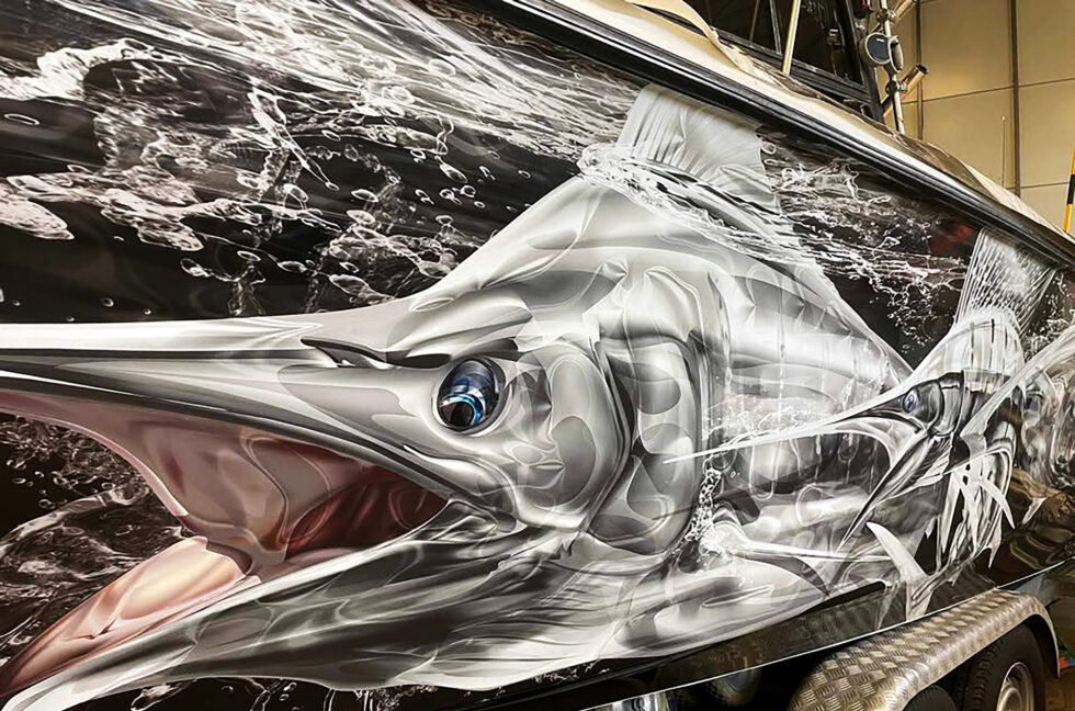 Fully wrapped bass boat on the lake